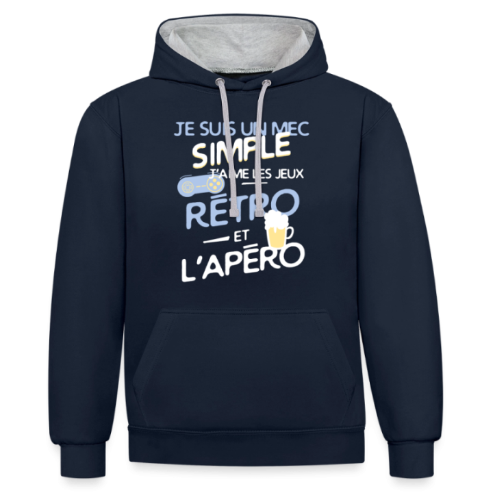 Sweat-shirt à capuche contrasté unisexe - Un mec simple: Jeux rétro et apéro - bleu marine/gris chiné - front