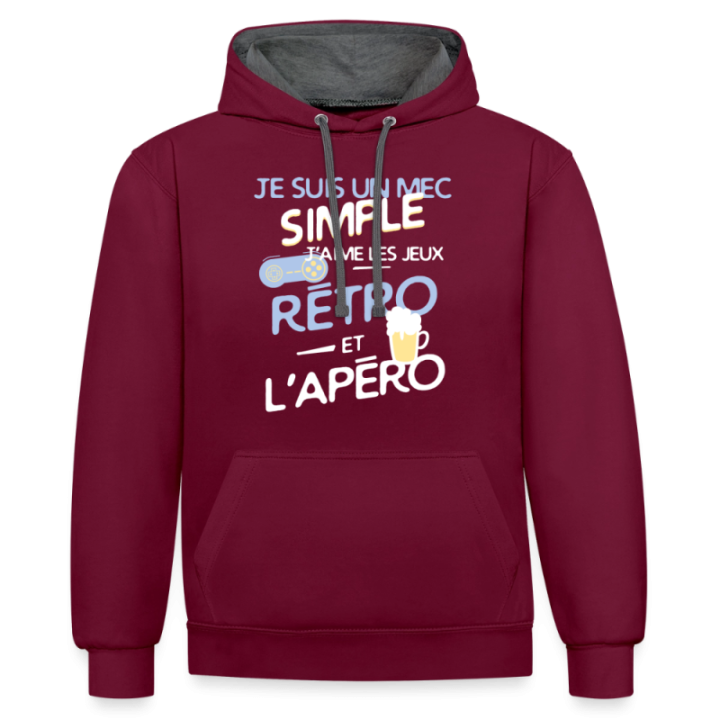 Sweat-shirt à capuche contrasté unisexe - Un mec simple: Jeux rétro et apéro - bordeaux/anthracite - front
