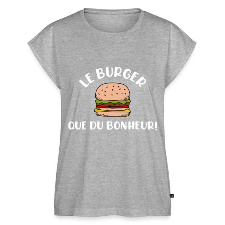 T-shirt à manches retroussées femme - Burger: Que du bonheur - gris chiné - front
