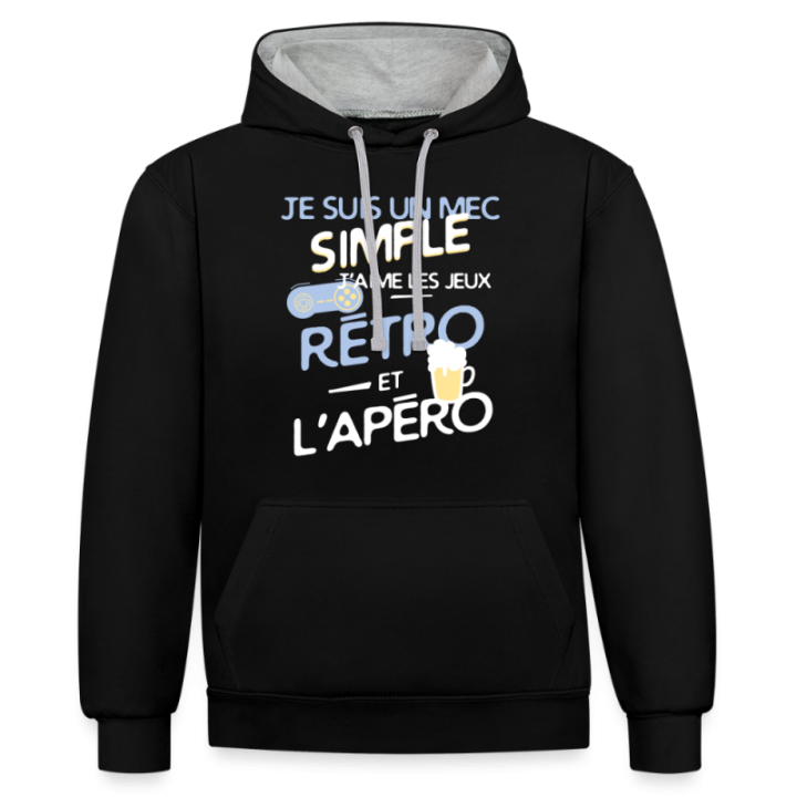 Sweat-shirt à capuche contrasté unisexe - Un mec simple: Jeux rétro et apéro - noir/gris chiné - front