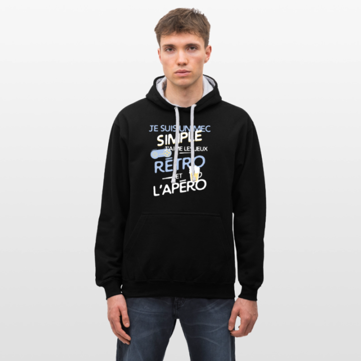 Sweat-shirt à capuche contrasté unisexe - Un mec simple: Jeux rétro et apéro - noir/gris chiné - front