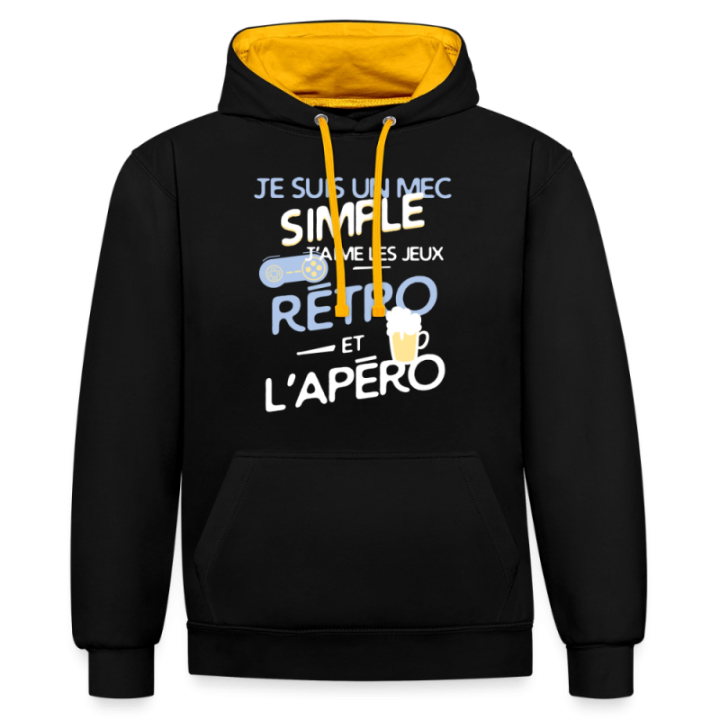 Sweat-shirt à capuche contrasté unisexe - Un mec simple: Jeux rétro et apéro - noir/or - front