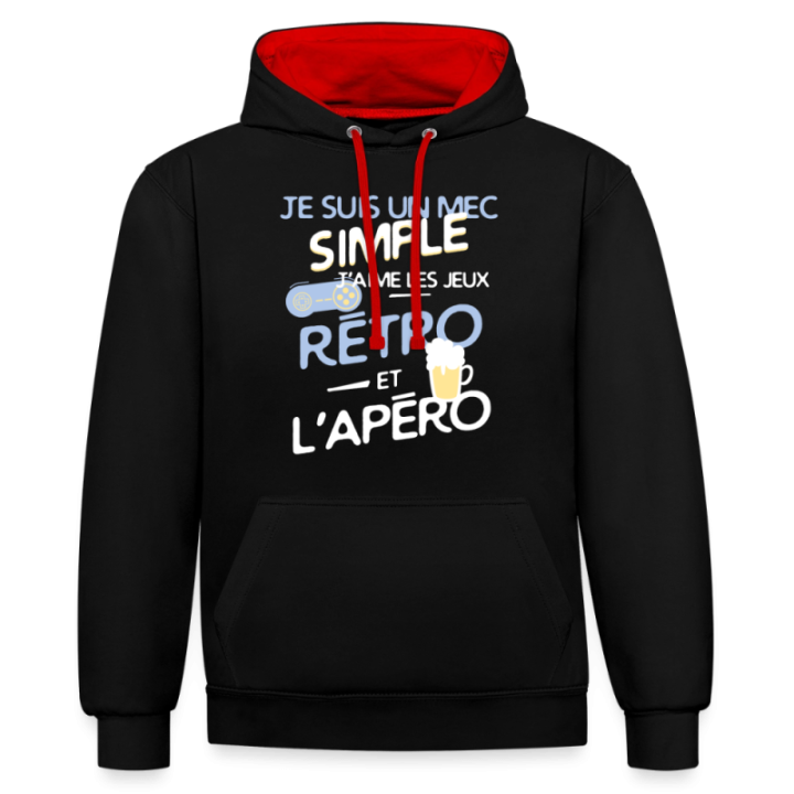 Sweat-shirt à capuche contrasté unisexe - Un mec simple: Jeux rétro et apéro - noir/rouge - front