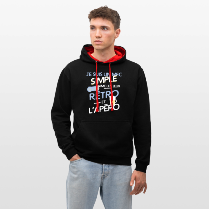 Sweat-shirt à capuche contrasté unisexe - Un mec simple: Jeux rétro et apéro - noir/rouge - front