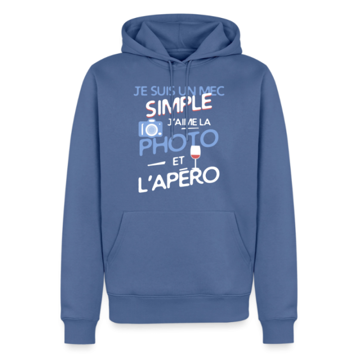 Sweat-shirt à capuche premium homme - Un mec simple: Photo et apéro - bleu pigeon - front