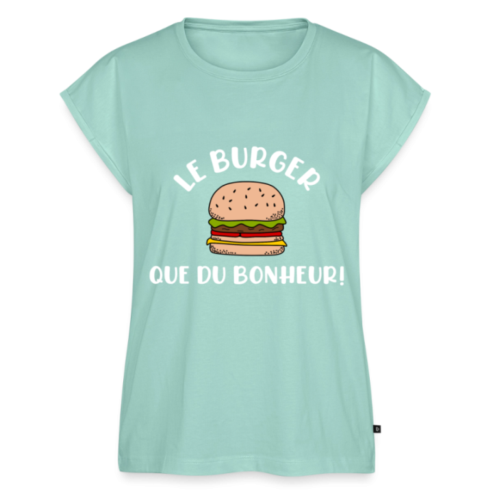 T-shirt à manches retroussées femme - Burger: Que du bonheur - menthe  - front