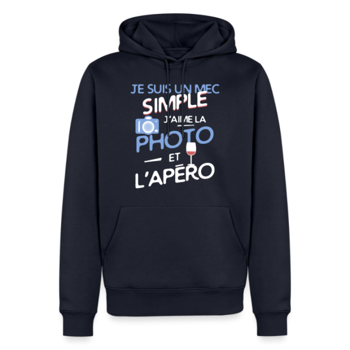 Sweat-shirt à capuche premium homme - Un mec simple: Photo et apéro - bleu marine - front