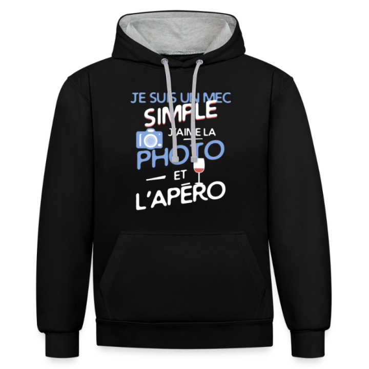 Sweat-shirt à capuche contrasté unisexe - Un mec simple: Photo et apéro - noir/gris chiné - front