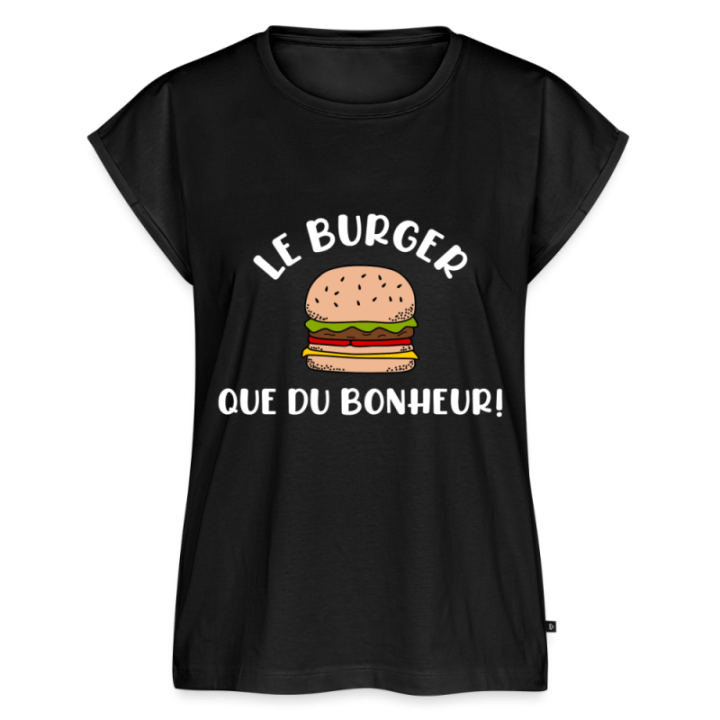 T-shirt à manches retroussées femme - Burger: Que du bonheur - noir - front