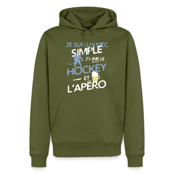 Sweat-shirt à capuche premium homme - Un mec simple: Hockey et apéro - kaki - front