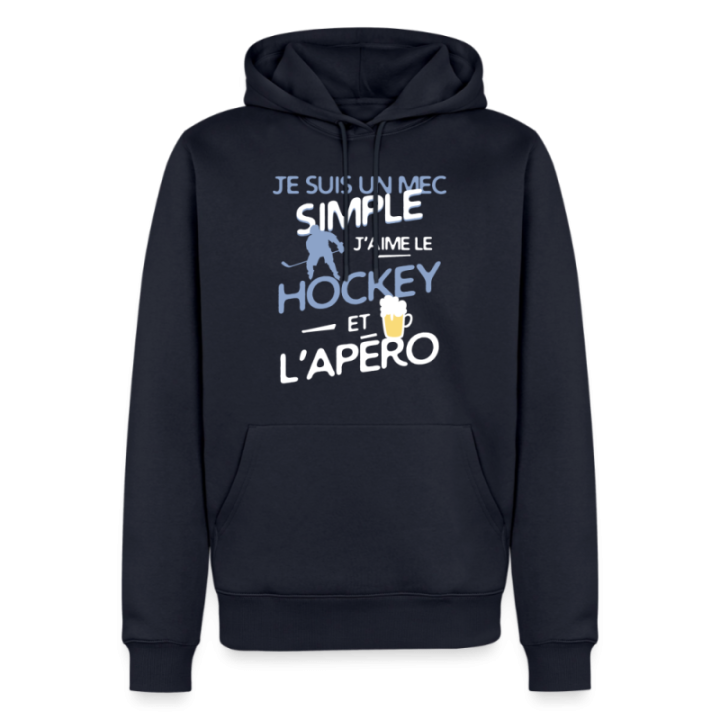 Sweat-shirt à capuche premium homme - Un mec simple: Hockey et apéro - bleu marine - front