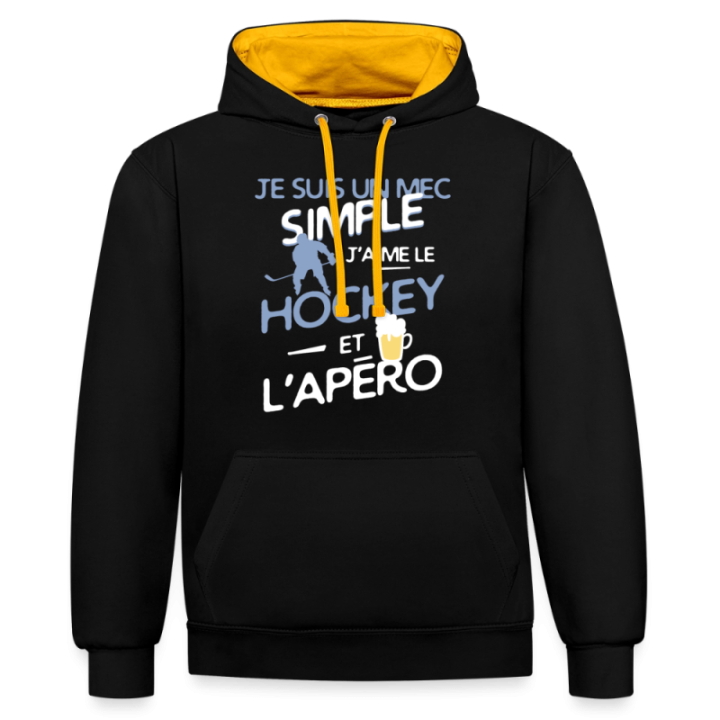 Sweat-shirt à capuche contrasté unisexe - Un mec simple: Hockey et apéro - noir/or - front
