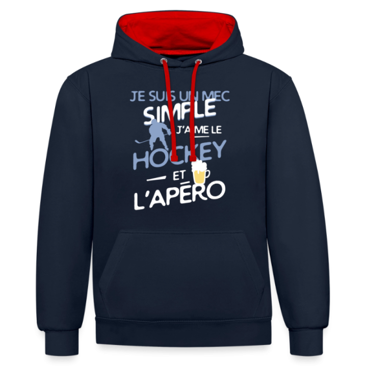 Sweat-shirt à capuche contrasté unisexe - Un mec simple: Hockey et apéro - bleu marine/rouge - front