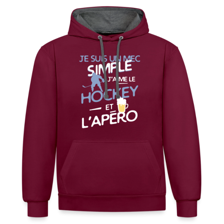 Sweat-shirt à capuche contrasté unisexe - Un mec simple: Hockey et apéro - bordeaux/anthracite - front
