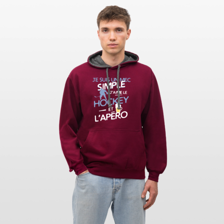 Sweat-shirt à capuche contrasté unisexe - Un mec simple: Hockey et apéro - bordeaux/anthracite - front