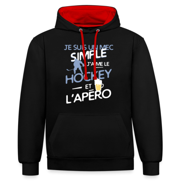 Sweat-shirt à capuche contrasté unisexe - Un mec simple: Hockey et apéro - noir/rouge - front