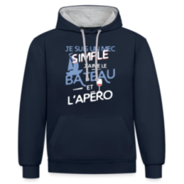 Sweat-shirt à capuche contrasté unisexe - Un mec simple: Bateau et apéro - bleu marine/gris chiné - front