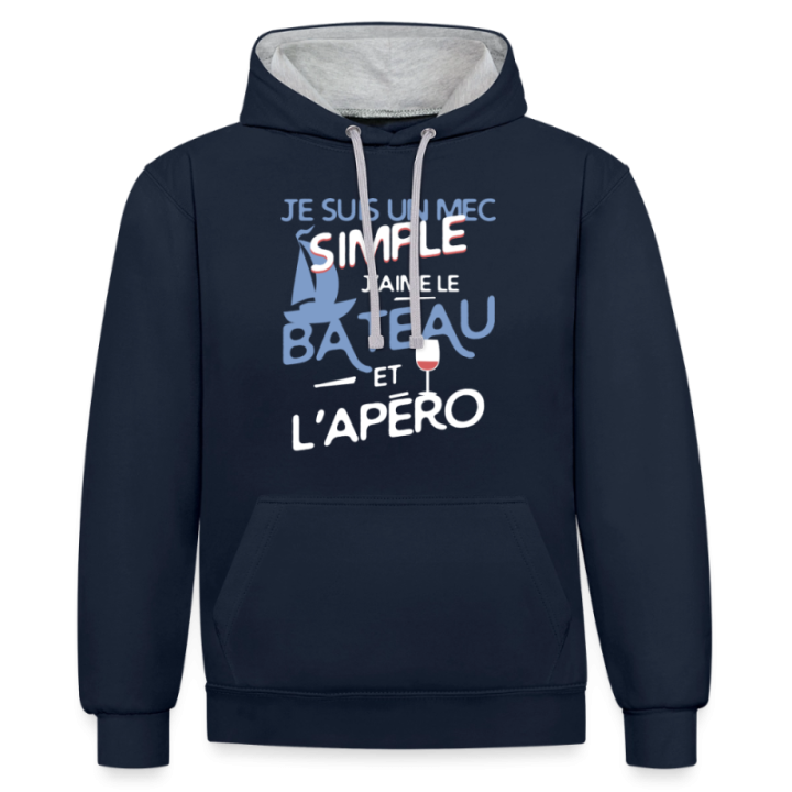 Sweat-shirt à capuche contrasté unisexe - Un mec simple: Bateau et apéro - bleu marine/gris chiné - front