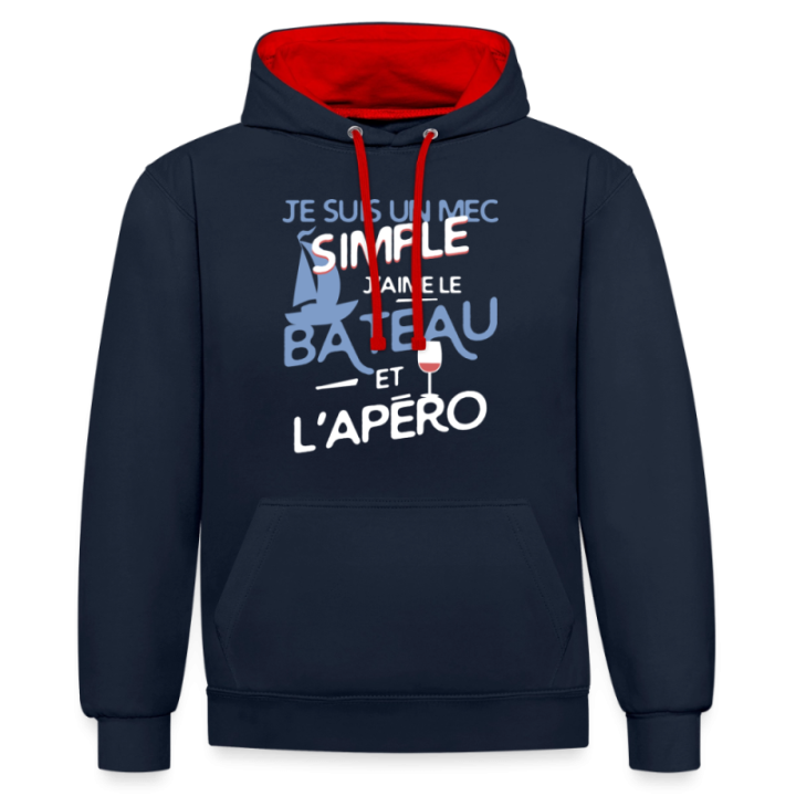Sweat-shirt à capuche contrasté unisexe - Un mec simple: Bateau et apéro - bleu marine/rouge - front