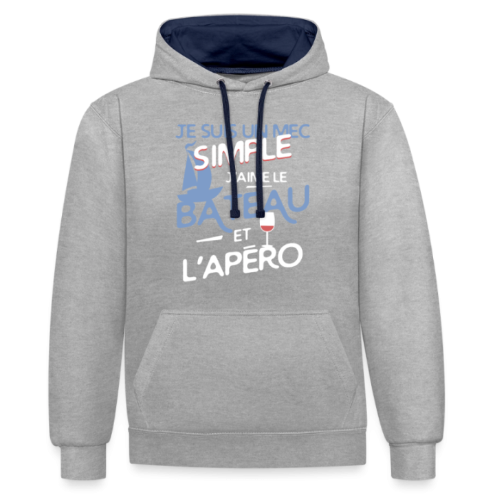 Sweat-shirt à capuche contrasté unisexe - Un mec simple: Bateau et apéro - gris chiné/bleu marine - front