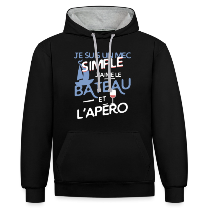 Sweat-shirt à capuche contrasté unisexe - Un mec simple: Bateau et apéro - noir/gris chiné - front
