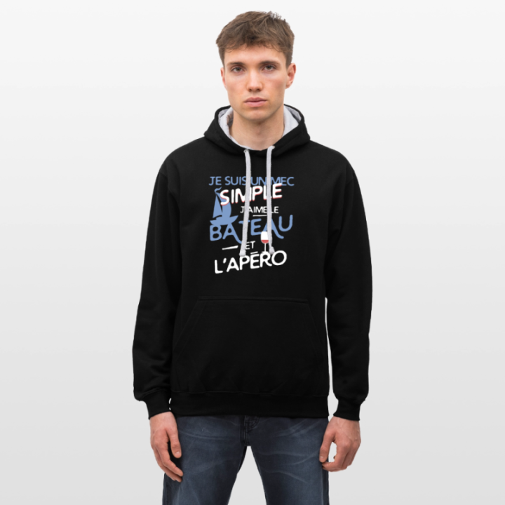 Sweat-shirt à capuche contrasté unisexe - Un mec simple: Bateau et apéro - noir/gris chiné - front