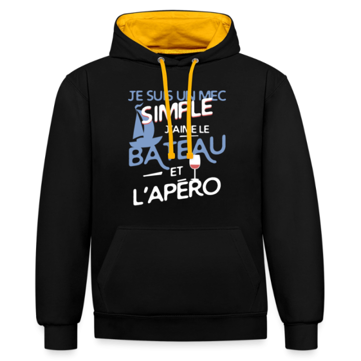 Sweat-shirt à capuche contrasté unisexe - Un mec simple: Bateau et apéro - noir/or - front