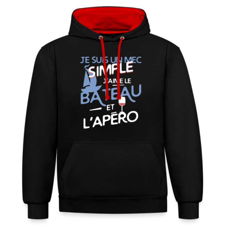 Sweat-shirt à capuche contrasté unisexe - Un mec simple: Bateau et apéro - noir/rouge - front