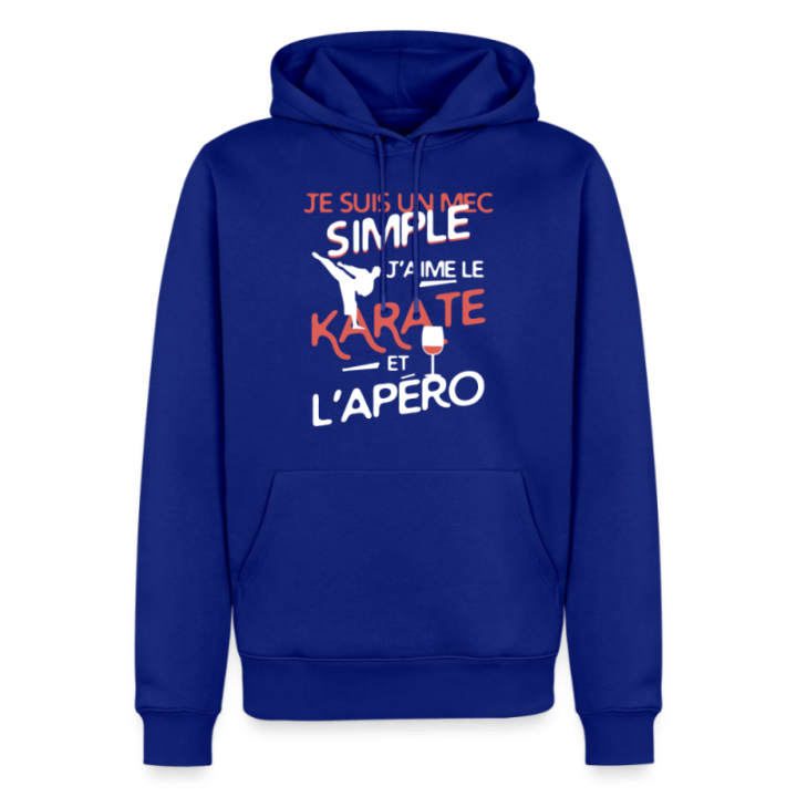 Sweat-shirt à capuche premium homme - Un mec simple: Karaté et apéro - bleu roi - front
