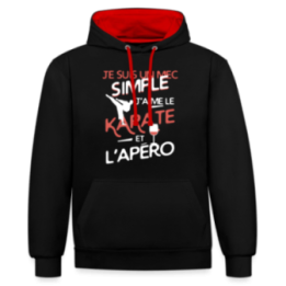 Sweat-shirt à capuche contrasté unisexe - Un mec simple: Karaté et apéro - noir/rouge - front