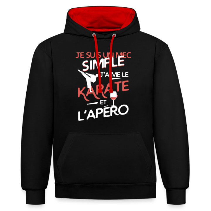 Sweat-shirt à capuche contrasté unisexe - Un mec simple: Karaté et apéro - noir/rouge - front