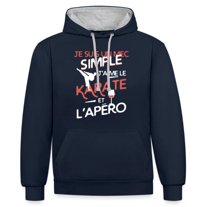 Sweat-shirt à capuche contrasté unisexe - Un mec simple: Karaté et apéro - bleu marine/gris chiné - front