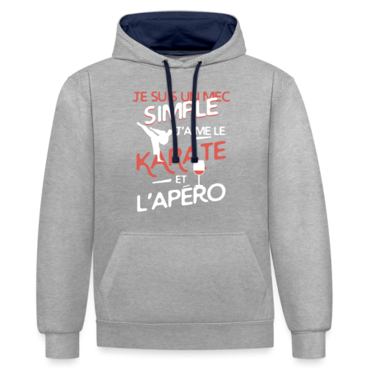 Sweat-shirt à capuche contrasté unisexe - Un mec simple: Karaté et apéro - gris chiné/bleu marine - front