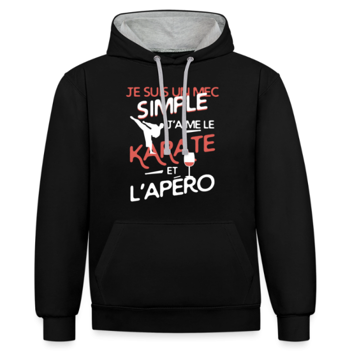 Sweat-shirt à capuche contrasté unisexe - Un mec simple: Karaté et apéro - noir/gris chiné - front