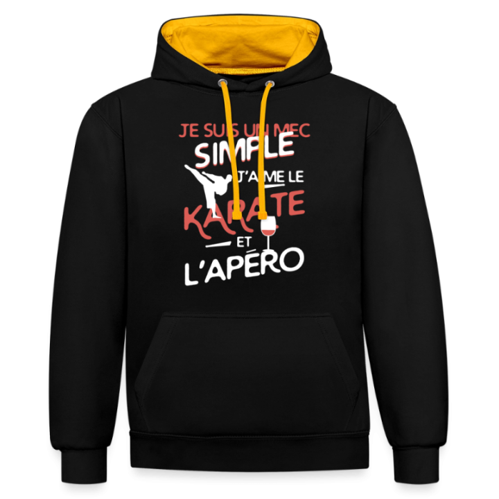 Sweat-shirt à capuche contrasté unisexe - Un mec simple: Karaté et apéro - noir/or - front