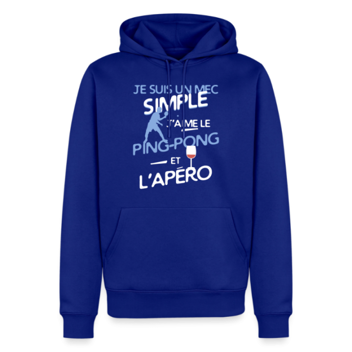 Sweat-shirt à capuche premium homme - Un mec simple: Ping-pong et apéro - bleu roi - front