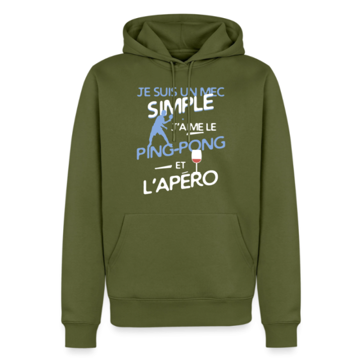 Sweat-shirt à capuche premium homme - Un mec simple: Ping-pong et apéro - kaki - front