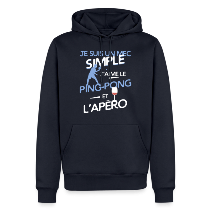 Sweat-shirt à capuche premium homme - Un mec simple: Ping-pong et apéro - bleu marine - front
