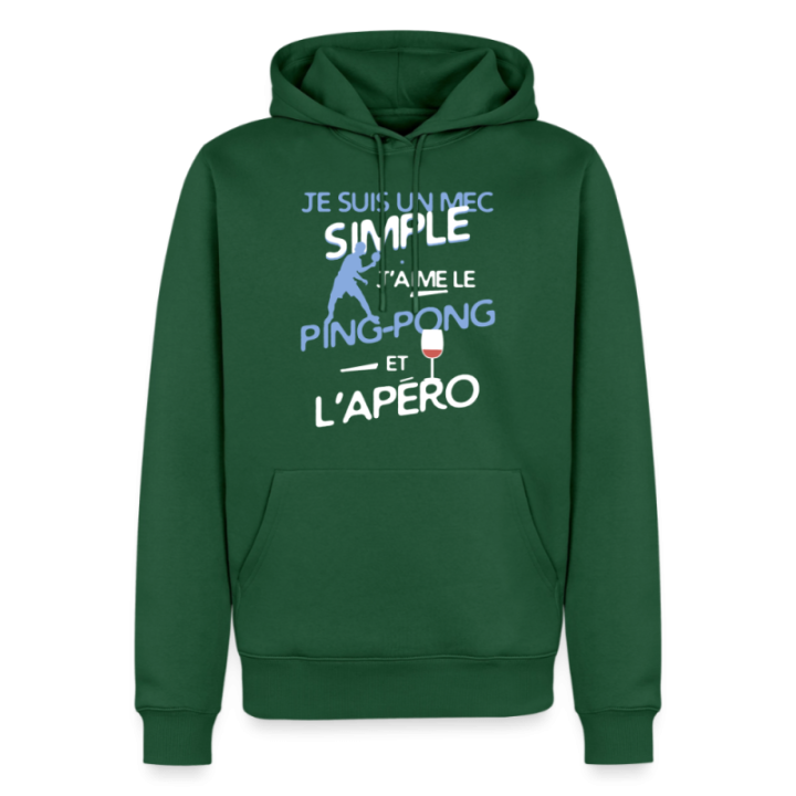 Sweat-shirt à capuche premium homme - Un mec simple: Ping-pong et apéro - vert bouteille - front