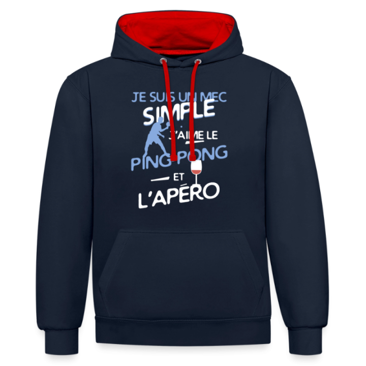 Sweat-shirt à capuche contrasté unisexe - Un mec simple: Ping-pong et apéro - bleu marine/rouge - front