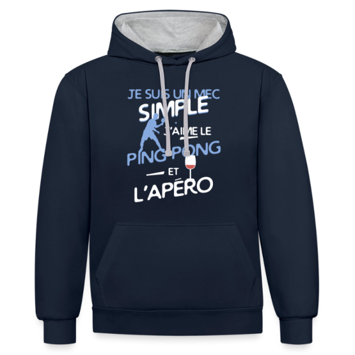 Sweat-shirt à capuche contrasté unisexe - Un mec simple: Ping-pong et apéro - bleu marine/gris chiné - front