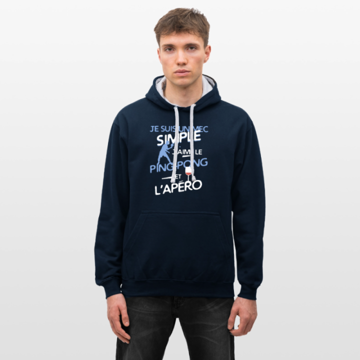 Sweat-shirt à capuche contrasté unisexe - Un mec simple: Ping-pong et apéro - bleu marine/gris chiné - front
