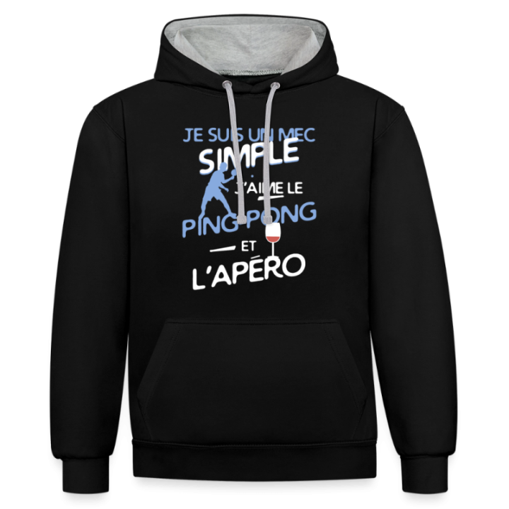 Sweat-shirt à capuche contrasté unisexe - Un mec simple: Ping-pong et apéro - noir/gris chiné - front