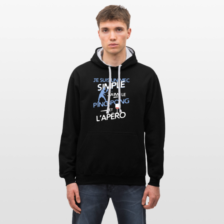 Sweat-shirt à capuche contrasté unisexe - Un mec simple: Ping-pong et apéro - noir/gris chiné - front