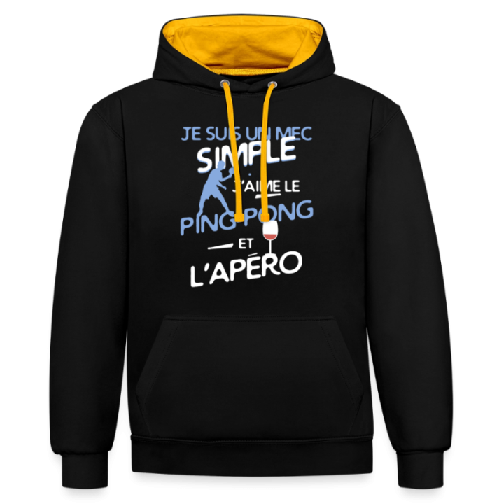Sweat-shirt à capuche contrasté unisexe - Un mec simple: Ping-pong et apéro - noir/or - front