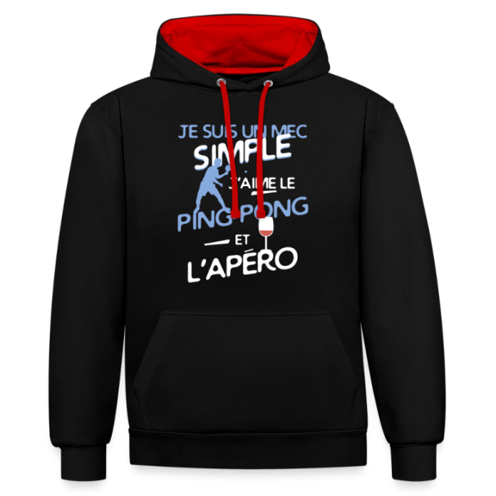 Sweat-shirt à capuche contrasté unisexe - Un mec simple: Ping-pong et apéro - noir/rouge - front
