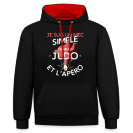 Sweat-shirt à capuche contrasté unisexe - Un mec simple: Judo et apéro - noir/rouge - front
