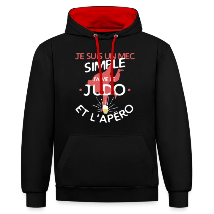 Sweat-shirt à capuche contrasté unisexe - Un mec simple: Judo et apéro - noir/rouge - front