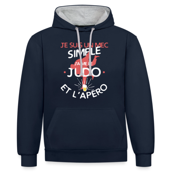 Sweat-shirt à capuche contrasté unisexe - Un mec simple: Judo et apéro - bleu marine/gris chiné - front