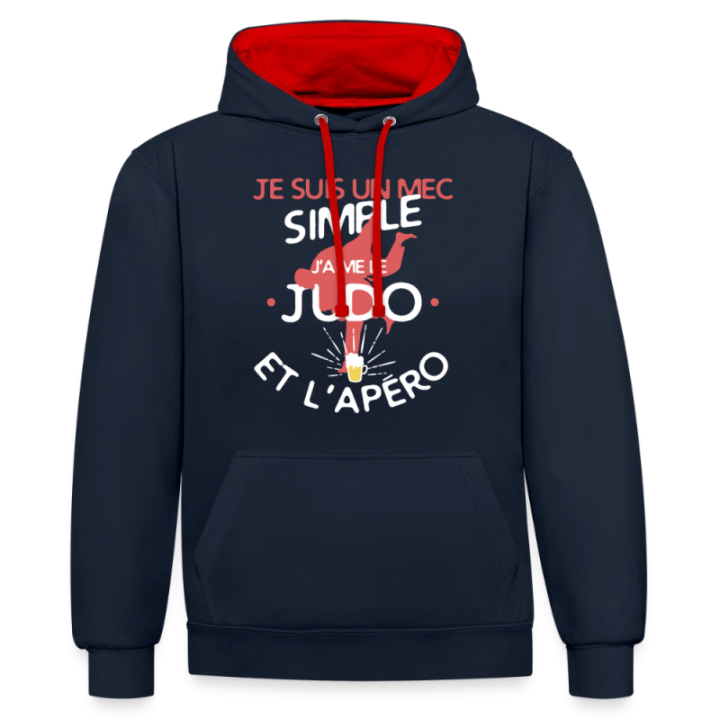 Sweat-shirt à capuche contrasté unisexe - Un mec simple: Judo et apéro - bleu marine/rouge - front